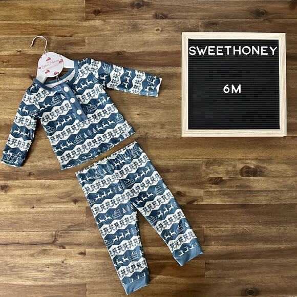 SweetHoney Other - NWT SweetHoney Dreamer Pajama Set Blue Cream Sleigh Ride Fair Isle Pants Baby 6M